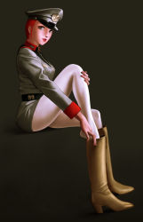  1girl boots breasts brown_eyes female_focus from_side full_body gundam hat high_heel_boots high_heels highres invisible_chair leg_hold legs lips lipstick makeup matilda_ajan military military_uniform mobile_suit_gundam pantyhose plantar_flexion putting_on_shoes python_(snake_legs) red_hair short_hair simple_background sitting solo uniform white_pantyhose 