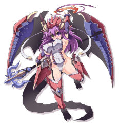  1girl :d arm_up armor armpits bikini_armor bodysuit breasts covered_erect_nipples covered_navel curvy dragon_girl dragon_horns dragon_tail dragon_wings elbow_gloves fingerless_gloves flying full_body garter_straps gloves hair_ornament heterochromia highleg holding horns large_breasts long_hair magic no_nose open_mouth purple_eyes purple_gloves purple_hair puzzle_&amp;_dragons rakuma_kanori red_thighhighs scales sideboob simple_background smile solo sonia_(p&amp;d) spikes staff tail tears thighhighs white_background wings yellow_eyes  rating:Questionable score:16 user:samfrkl