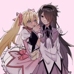  2girls akemi_homura_(magical_girl) akemi_homura_(magical_girl)_(cosplay) black_eyes black_hair black_hairband blonde_hair blue_eyes bow closed_mouth commentary cosplay dress facial_mark feet_out_of_frame genderswap genderswap_(mtf) gloves hair_bow hair_over_one_eye hairband hand_on_another&#039;s_shoulder hand_up highres holding_hands kaname_madoka_(magical_girl) kaname_madoka_(magical_girl)_(cosplay) lapels long_hair looking_at_another mahou_shoujo_madoka_magica mahou_shoujo_madoka_magica_(anime) multiple_girls naruto_(series) naruto_shippuuden neck_ribbon petticoat pink_background pink_bow pink_dress pleated_skirt puffy_short_sleeves puffy_sleeves purple_skirt ribbon sailor_collar shirt short_dress short_sleeves simple_background skirt smile standing straight_hair twintails uchiha_sasuke uzumaki_naruto whisker_markings white_gloves white_shirt winteamelon yuri 