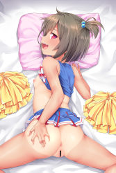 1girl anus ass ass_grab bar_censor bed bed_sheet blush breasts brown_hair censored cheerleader cleft_of_venus fang female_focus from_behind grabbing_own_ass hair_bobbles hair_ornament hand_on_own_ass highres kanabun loli looking_at_viewer looking_back lying nipples on_bed on_stomach open_mouth original pillow pom_pom_(cheerleading) pussy red_eyes short_hair small_breasts smile solo spread_legs tan tanline teeth tongue rating:Explicit score:345 user:danbooru