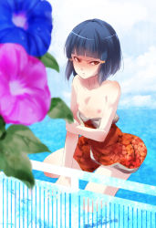  &gt;:( 1boy bad_id bad_pixiv_id blue_hair blunt_bangs blurry brown_eyes depth_of_field flower frown hair_ornament holding_own_arm japanese_clothes kimono locon looking_to_the_side male_focus morning_glory nipples original sidelocks sitting solo sumizome_(locon) topless_male trap tsurime undressing v-shaped_eyebrows 