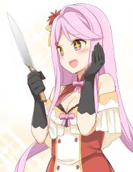  +_+ 1girl :d blush bow cleavage_cutout clothing_cutout flower_knight_girl highres holding holding_knife knife long_hair morino_harifu open_mouth pink_bow pink_eyes pink_hair sangobana_(flower_knight_girl) shirt smile solo upper_body white_background 