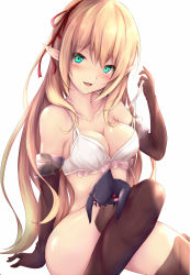 1girl arisa_(shadowverse) arm_support asuta_(ayustat0423) blonde_hair blush blush_stickers boots bra breasts cleavage collarbone elbow_gloves gloves green_eyes highres medium_breasts pointy_ears shadowverse smile solo strap_lift thigh_boots thighhighs thighs underwear white_bra rating:Sensitive score:27 user:danbooru