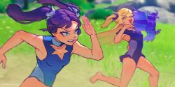  2girls bare_shoulders bird blonde_hair blue_eyes clenched_teeth fischl_(genshin_impact) genshin_impact green_eyes highres looking_at_another mona_(genshin_impact) multiple_girls nycnouu one-piece_swimsuit outdoors purple_hair racing running swimsuit teeth twintails  rating:General score:42 user:danbooru