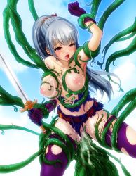 1girl blue_eyes blue_hair borurun breasts cum defeat gloves highres large_breasts nipples plant ponytail rape restrained sword tentacles torn_clothes vaginal weapon rating:Explicit score:44 user:atmo