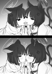  2girls absurdres angry animal_ears blue_archive cat_ears cat_girl cat_tail french_kiss heart heart-shaped_pupils highres kazusa_(blue_archive) kikyou_(blue_archive) kiss licking multiple_girls negiuma pet_food symbol-shaped_pupils tail tongue tongue_out yuri  rating:Questionable score:35 user:flaps