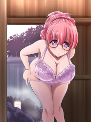 1girl blush bow bow_panties bra breasts cleavage closed_mouth commentary_request crotch_seam frilled_bra frills glasses indoors lamp large_breasts legs light_frown looking_at_viewer onsen original panties panty_pull partial_commentary pulling_own_clothes red-framed_eyewear rock semi-rimless_eyewear short_hair solo standing thigh_gap tonpuu tree under-rim_eyewear underwear underwear_only undressing white_bra white_panties rating:Questionable score:30 user:danbooru