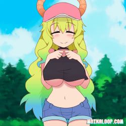  1girl animated animated_gif artist_name blurry blurry_background blush bouncing_breasts breasts curvy dragon_horns female_focus hat horns kobayashi-san_chi_no_maidragon long_hair lucoa_(maidragon) moikaloop multicolored_hair navel outdoors shorts smile solo underboob  rating:Questionable score:156 user:Ger14n5