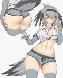  1girl alternate_costume ass bare_shoulders bird_tail black_hair blonde_hair breasts collarbone dolphin_shorts elbow_gloves gloves gluteal_fold green_eyes grey_gloves grey_hair grey_shorts grey_thighhighs hair_between_eyes hair_intakes headband highres kemono_friends looking_at_viewer low_ponytail medium_hair micro_shorts midriff multicolored_hair multiple_views navel nikichen no_bra orange_hair parted_lips shoebill_(kemono_friends) short_shorts shorts side_ponytail skindentation stomach tail tank_top thighhighs toned underboob  rating:Questionable score:168 user:danbooru