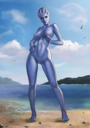  1girl alien asari_(mass_effect) barefoot beach bird bloocarrot blue_eyes blue_nipples blue_skin breasts cloud colored_nipples colored_skin female_focus freckles highres large_breasts liara_t&#039;soni lips mass_effect_(series) mass_effect_1 nipples nude pussy rock sand sky solo thick_thighs thighs uncensored water  rating:Explicit score:60 user:jayage5ds