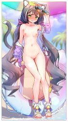 1girl absurdres animal_ear_fluff animal_ears bare_shoulders beach black_hair blue_sky blurry blurry_background blush bottomless breasts cat_ears cat_girl cat_tail cleft_of_venus collarbone embarrassed female_focus full_body gold_trim green_eyes groin hair_ribbon highres holding holding_removed_eyewear hood hoodie innertube jacket karyl_(princess_connect!) karyl_(summer)_(princess_connect!) legband lens_flare long_hair long_sleeves looking_at_viewer low_twintails midriff multicolored_hair navel nipples nude off_shoulder outdoors palm_tree phi_str princess_connect! purple_hoodie purple_jacket pussy ribbon sandals sidelocks sky small_breasts solo standing streaked_hair sunglasses swim_ring tail thigh_gap topless tree twintails uncensored unworn_eyewear very_long_hair wet white_hair rating:Explicit score:185 user:danbooru