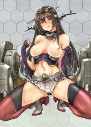 10s 1girl bad_id bad_pixiv_id bare_shoulders black_panties blush breasts brown_hair collar elbow_gloves fingerless_gloves gloves hair_ornament hexagon highres honeycomb_(pattern) honeycomb_background honeycomb_pattern kantai_collection large_breasts long_hair looking_at_viewer nagato_(kancolle) navel osakana_(denpa_yun&#039;yun) panties pussy_juice red_eyes red_thighhighs skirt solo squatting sweat thighhighs underwear upskirt rating:Explicit score:37 user:danbooru