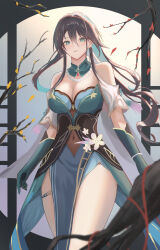  1girl absurdres aqua_collar aqua_dress aqua_gloves bare_legs bare_shoulders bead_necklace beads branch breasts brown_hair cleavage clothing_cutout commentary_request covered_navel cowboy_shot detached_collar dress gloves green_eyes hair_between_eyes highres honkai:_star_rail honkai_(series) jewelry kobamaki large_breasts looking_at_viewer multicolored_hair necklace parted_lips pelvic_curtain ruan_mei_(honkai:_star_rail) see-through shoulder_cutout solo streaked_hair thigh_strap 