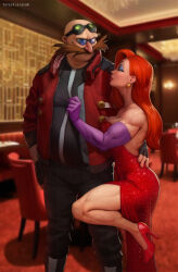  1boy 1girl artist_name black_gloves black_pants blurry blurry_background breasts cleavage commentary crossover dr._eggman dress earrings elbow_gloves english_commentary facial_hair fat fat_man fingerless_gloves gloves goggles goggles_on_head high_heels highres indoors jacket jessica_rabbit jewelry large_breasts lipstick long_hair makeup muscular muscular_female mustache pants purple_gloves red_dress red_hai red_jacket sonic_(series) standing standing_on_one_leg totesfleisch8 who_framed_roger_rabbit 