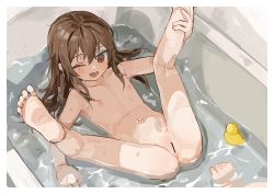  1boy 1girl bar_censor barefoot bathtub blush brown_eyes brown_hair censored completely_nude flat_chest foreshortening girls&#039;_frontline hair_between_eyes head_out_of_frame legs_up loli long_hair lying mixed-sex_bathing navel nipples nude on_back one_eye_closed out_of_frame rubber_duck shared_bathing soles solo_focus toes ump9_(girls&#039;_frontline) ump9_(shiba_investigator)_(girls&#039;_frontline) water wet yuki_hotaru  rating:Explicit score:261 user:danbooru