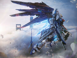  absurdres beam_rifle bird blue_sky building cloud dove energy_gun exhaust flying freedom_gundam from_side full_body gun gundam gundam_seed highres holding holding_gun holding_weapon lens_flare lolicon_(lolicon42051636) mecha mechanical_wings mobile_suit no_humans photoshop_(medium) profile robot science_fiction sky solo sunlight v-fin weapon wings yellow_eyes  rating:General score:5 user:danbooru
