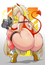  1girl ahoge ass bayeuxman blonde_hair breasts curvy demon_girl demon_horns demon_tail elegg_(nikke) from_behind goddess_of_victory:_nikke gun hair_intakes hair_over_eyes highres holding holding_weapon horns huge_ass large_breasts leotard long_bangs long_sleeves multicolored_hair navel red_horns red_leotard red_thighhighs shiny_skin shoes short_hair sneakers solo squatting tagme tail tan tanline thigh_strap thighhighs thighs tiptoes torn_clothes torn_thighhighs two-tone_hair weapon wide_hips  rating:Sensitive score:35 user:anon-sama3
