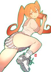  1girl 7bun_junbun absurdres ankle_socks ass blue_skirt closed_mouth converse fang fang_out fingernails green_outline hair_between_eyes handheld_game_console highres legs long_hair lying miniskirt on_stomach orange_eyes orange_hair outline panties pleated_skirt sailor_collar school_uniform seal_impression serafuku shoes signature simple_background skirt sleeves_rolled_up sneakers socks solo striped_clothes striped_panties sweat tube_socks twintails ueno-san_wa_bukiyou ueno_(ueno-san_wa_bukiyou) underwear wavy_mouth white_background white_socks  rating:Questionable score:77 user:danbooru