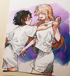  2girls :d amelia_lee ballpoint_pen_(medium) bandaid bandaid_on_arm beatrice_reden black_eyes black_hair blonde_hair blush cowboy_shot eye_contact face-to-face from_side hair_between_eyes heart heart-shaped_pupils highres holding_another&#039;s_wrist i_love_amy jinu_(ssipducksaekkl) long_hair looking_at_another multiple_girls open_mouth outstretched_arm painting_(medium) paper photo_(medium) profile shirt short_hair shorts sidelocks smile symbol-shaped_pupils traditional_media watercolor_(medium) white_shirt white_shorts yuri 