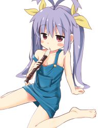  1girl antenna_hair bare_shoulders barefoot blush blush_stickers flute hair_ribbon holding_flute holding_instrument instrument long_hair mirakichi miyauchi_renge naked_overalls non_non_biyori open_mouth overalls purple_hair recorder red_eyes ribbon simple_background sitting solo strap_slip triangle_mouth twintails white_background  rating:Sensitive score:69 user:danbooru