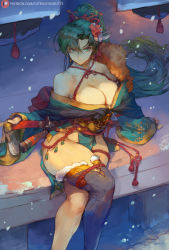 1girl bare_shoulders black_thighhighs breasts cleavage closed_mouth collarbone crossed_legs cutesexyrobutts fire_emblem fire_emblem:_the_blazing_blade flower fur-trimmed_kimono fur_trim green_eyes green_hair green_kimono hair_between_eyes hair_flower hair_ornament highres japanese_clothes katana kimono large_breasts long_hair looking_at_viewer lyn_(fire_emblem) nintendo patreon_username ponytail single_thighhigh sitting smile snow solo sword thighhighs thighs weapon rating:Sensitive score:81 user:danbooru