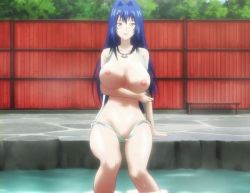1girl :d arm_support bare_legs bare_shoulders bench bikini blue_hair blush breast_hold breasts brown_eyes clothing_aside collarbone female_focus fence groin hair_between_eyes hair_intakes hip_focus jewelry large_breasts legs light_smile long_hair looking_at_viewer maken-ki! navel nijou_aki nipples o-ring o-ring_bikini o-ring_bottom onsen open_mouth outdoors pendant screencap shiny_skin sitting slingshot_swimsuit smile soaking_feet solo steam stitched sweat swimsuit swimsuit_aside takami_akio thighs third-party_edit tree unaligned_breasts water wide_hips rating:Questionable score:57 user:vincaddo