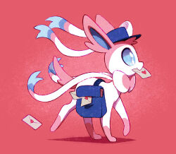 blue_eyes blue_fur blue_hat clothed_pokemon creatures_(company) dawnf1re from_side game_freak gen_6_pokemon hat highres holding holding_letter letter love_letter mailbag mouth_hold multicolored_fur nintendo no_humans pink_fur pokemon pokemon_(creature) red_background solo sylveon valentine white_fur 