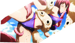  1girl absurdres animal bikini blue_bikini blush bra breasts cameltoe cleft_of_venus clenched_teeth crotch highres large_breasts maken-ki! navel octopus outdoors panties purple_eyes red_hair screencap shinatsu_azuki short_hair solo spread_legs stitched swimsuit takami_akio teeth tentacles third-party_edit underwear wet wince  rating:Questionable score:31 user:arutos