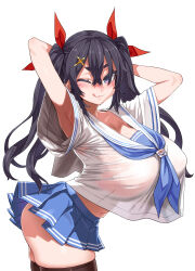  1girl absurdres arched_back armpits arms_behind_head arms_up asanagi black_eyes black_hair black_thighhighs bow breasts commentary_request cross_hair_ornament crossed_bangs hair_between_eyes hair_bow hair_ornament hairclip highres huge_breasts licking_lips long_bangs long_hair microskirt midriff miniskirt mole mole_on_breast mole_under_eye navel neckerchief official_art one_eye_closed pleated_skirt purple_eyes school_uniform see-through serafuku shirt_overhang short_sleeves simple_background skirt smile solo sopra_amane tama_project thighhighs tongue tongue_out twintails very_long_hair virtual_youtuber white_background zettai_ryouiki  rating:Sensitive score:48 user:danbooru