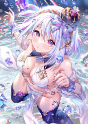  artist_name banned_artist blue_thighhighs bow breasts cleavage colored_inner_hair crown floating_hair from_above gem hairband hands_up hat hat_bow highres large_breasts looking_up midori_foo mini_crown multicolored_hair o-ring original parted_lips pelvic_curtain pink_eyes pointy_ears revealing_clothes scrunchie short_hair thighhighs white_hair wrist_scrunchie  rating:Sensitive score:17 user:danbooru