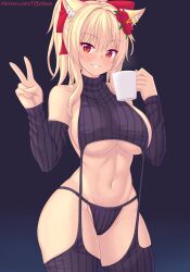  1girl animal_ears bare_shoulders black_panties black_thighhighs blonde_hair blush breasts cat_ears cat_girl commentary cup detached_sleeves english_commentary flower hair_flower hair_ornament hands_up hibiscus highres holding holding_cup large_breasts long_hair long_sleeves meme_attire navel nottytiffy original panties parted_lips patreon_username ponytail red_eyes sideboob simple_background smile solo stomach teeth thighhighs thighs tiffy_(nottytiffy) turtleneck underboob underwear v virgin_destroyer_sweater  rating:Sensitive score:37 user:danbooru