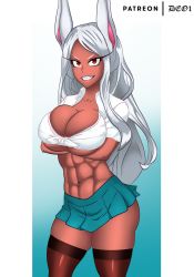  1girl abs animal_ears artist_name boku_no_hero_academia breasts dark-skinned_female dark_skin deo large_breasts long_hair looking_at_viewer mirko muscular muscular_female rabbit_ears red_eyes school_uniform solo tagme thick_thighs thighhighs thighs white_hair  rating:Explicit score:10 user:mp3