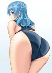 ass bad_id bad_pixiv_id bent_over blue_eyes blue_hair competition_swimsuit double_bun hair_bun highres kantai_collection looking_at_viewer looking_back medium_hair one-piece_swimsuit patsuya smile swimsuit trefoil urakaze_(kancolle) white_background rating:Questionable score:7 user:danbooru