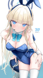  1girl animal_ears aqua_bow aqua_bowtie bare_shoulders blonde_hair blue_archive blue_eyes blue_halo blue_leotard bow bowtie breasts cleavage detached_collar earpiece fake_animal_ears fake_tail halo highleg highleg_leotard highres leotard long_hair looking_at_viewer masshirokachi medium_breasts official_alternate_costume playboy_bunny rabbit_ears rabbit_tail redrawn solo strapless strapless_leotard tail thighhighs toki_(blue_archive) toki_(bunny)_(blue_archive) white_thighhighs white_wrist_cuffs wrist_cuffs 