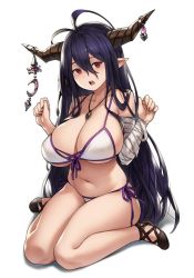 1girl antenna_hair bandaged_arm bandages bare_shoulders bikini breasts brown_footwear collarbone commentary crescent danua draph footwear_bow front-tie_top granblue_fantasy hair_between_eyes hands_up highres horn_ornament horns houtengeki huge_breasts jewelry long_hair looking_at_viewer navel necklace open_mouth pointy_ears purple_hair red_eyes side-tie_bikini_bottom side-tie_bottom simple_background sitting solo stomach swimsuit teeth thighs tsurime upper_teeth_only very_long_hair wariza white_background white_bikini rating:Sensitive score:42 user:danbooru