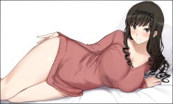 1girl amagami arm_support bed_sheet black_eyes black_hair blush breasts cleavage curly_hair drill_hair hairband hand_on_own_thigh highres jacket large_breasts long_hair long_sleeves lying mobu morishima_haruka on_side red_jacket solo thighs white_background rating:Sensitive score:32 user:danbooru