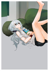  1girl bare_shoulders barefoot brown_eyes commentary_request g11_(girls&#039;_frontline) girls&#039;_frontline grey_hair highres long_hair lying mush on_back parted_lips shorts solo wristband 