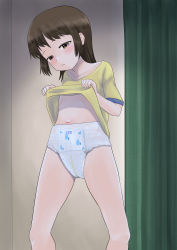 1girl absurdres blush breasts clothes_lift diaper gogo_(201177) highres loli navel shirt small_breasts solo standing t-shirt tagme rating:Questionable score:69 user:lord_muffington