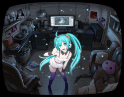  1girl ahoge annie_(league_of_legends) aqua_eyes aqua_hair bitfenix bookshelf box computer computer_tower couch desk drawing_tablet game_console handheld_game_console hatsune_miku headphones highres keyboard_(computer) league_of_legends leaning_forward long_hair looking_at_viewer m/ md5_mismatch mikudayoo monitor mouse_(computer) nintendo_3ds open_mouth patchouli_knowledge pigeon-toed pillow playstation_3 playstation_vita polka_dot polka_dot_legwear poring ragnarok_online recursion redial_(vocaloid) room smile solo speaker table thighhighs touhou vocaloid wii_u xbox_360 zaxwu  rating:General score:40 user:danbooru