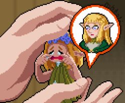  1other animated animated_gif artist_name blonde_hair blue_eyes chibi cloak closed_eyes comforting commentary crying dungeon_meshi elf english_commentary fairy fairy_(dungeon_meshi) fingernails flower_wreath green_cloak green_robe head_wreath holding_miniperson in_palm long_hair mini_person mohammed_bali open_mouth other_focus out_of_frame pattadol pixel_art pointy_ears robe size_difference sobbing spoken_character uniform 