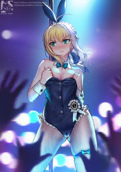 1girl ahoge alternate_costume angry animal_ears artist_logo artoria_pendragon_(all) artoria_pendragon_(fate) bare_shoulders black_pantyhose blonde_hair blue_bow blue_bowtie blush bow bowtie braid breasts cameltoe cleavage cowboy_shot detached_collar embarrassed fake_animal_ears fate/stay_night fate_(series) fishnet_pantyhose fishnets french_braid glint green_eyes hair_ribbon head_tilt highres leotard long_hair looking_to_the_side medium_breasts \n/ nipple_slip nipples pantyhose playboy_bunny pole pulled_by_self rabbit_ears ribbon saber_(fate) shadowgrave skindentation solo standing sweat thigh_strap weibo_logo wrist_cuffs rating:Questionable score:23 user:danbooru