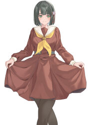  1girl averting_eyes black_hair black_pantyhose blunt_bangs blunt_ends breasts brown_dress carskey closed_mouth cowboy_shot dress feet_out_of_frame flower flower_knot green_eyes hair_flower hair_ornament hashtag-only_commentary hasu_no_sora_school_uniform highres link!_like!_love_live! long_sleeves looking_to_the_side love_live! medium_breasts medium_dress momose_ginko neckerchief pantyhose pleated_dress sailor_collar sailor_dress school_uniform short_hair sideways_glance simple_background skirt_hold smile solo split_mouth virtual_youtuber white_background white_sailor_collar winter_uniform yellow_neckerchief 