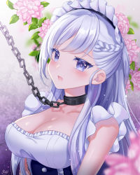 1girl artist_name azur_lane belfast_(azur_lane) blue_eyes blush braid breasts chain chain_leash cleavage collar collarbone dress floral_background flower large_breasts leash long_hair looking_at_viewer maid maid_headdress naomi_(fantasia) open_mouth signature silver_hair sleeveless solo tareme upper_body viewer_holding_leash rating:Sensitive score:20 user:danbooru