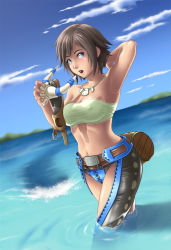  1girl armor armpits barrel blue_eyes brown_hair capcom highres jewelry midriff monster monster_hunter_(series) necklace piscine_(armor) shadow thor_(deep_rising) water you_gonna_get_raped  rating:Sensitive score:39 user:Rikko-43