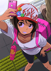 1girl backpack bag bike_shorts brown_eyes brown_hair cellphone child dolphin hat heart holding holding_phone iphone multicolored_clothes multicolored_headwear nike_(company) original phone red_headwear sasaki_bullet selfie shirt shoes short_sleeves smartphone solo_focus standing t-shirt teeth white_headwear rating:Sensitive score:52 user:Domestic_Importer