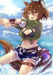  1girl 1other ^^^ agnes_tachyon_(lunatic_lab)_(umamusume) agnes_tachyon_(umamusume) ahoge animal_ears belt belt_pouch bikini black_bikini blue_shorts breast_pocket breasts brown_eyes brown_hair canister chiyakobu_(ssssooooame) cleavage cloud cloudy_sky commentary_request cowboy_shot criss-cross_halter daikon ear_ornament flask green_jacket groin hair_between_eyes halterneck hand_around_wrist horse_ears horse_girl horse_tail jacket kii-kun_(agnes_tachyon)_(umamusume) leather_wrist_straps long_sleeves medium_breasts medium_hair micro_shorts midriff motion_lines navel ocean official_alternate_costume official_alternate_hairstyle open_clothes open_fly open_mouth open_shorts outdoors pocket pouch pulling radish round-bottom_flask short_ponytail shorts sky solo_focus sparkle splashing sweatdrop swimsuit tail textless_version thigh_strap tied_jacket torn_clothes torn_shorts trainer_(umamusume) umamusume wading wet wrist_straps 