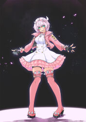  1girl ahoge black_gloves black_shorts blue_eyes boots breasts collar cropped_jacket dark_background dress elphelt_valentine fingerless_gloves full_body gloves gottsu guilty_gear guilty_gear_strive hairband highres holding holding_microphone jacket large_breasts microphone open_clothes open_jacket parted_lips pink_collar pink_footwear pink_hair pink_hairband pink_jacket short_dress short_hair shorts sleeveless sleeveless_dress smile solo spiked_collar spiked_hairband spiked_jacket spikes stage_lights teeth thigh_boots white_dress 