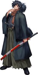  1boy absurdres black_hair brown_scarf facial_hair fate/grand_order fate_(series) full_body game_cg grey_hakama hair_over_one_eye hakama highres holding holding_sword holding_weapon japanese_clothes katana kimono lack long_hair long_sleeves looking_at_viewer male_focus non-web_source official_art okada_izou_(fate) orange_eyes ponytail scarf sheath smile solo stubble sword tachi-e torn_clothes transparent_background wavy_hair weapon 