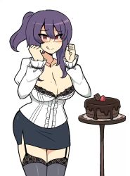 1girl animated ass ass_shake black_bra blush bouncing_breasts bra breasts cake chocolate_cake cleavage collarbone dancing excited food garter_straps glasses highres jiggle kaibuzetta lace large_breasts long_hair long_sleeves mole mole_on_breast ponytail purple_hair senran_kagura skirt solo rin_(senran_kagura) thighhighs tongue tongue_out underwear video white_background rating:Sensitive score:116 user:JustHere4Butts