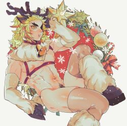 1boy alternate_costume animal_costume animal_ears antlers armpit_crease armpits blonde_hair bottomless choker christmas elbow_gloves functionally_nude fur_collar gloves harness highres hoof_gloves hooves horns kimetsu_no_yaiba kyu_717 leg_warmers long_hair long_hair_male looking_at_viewer male_focus male_pubic_hair multicolored_hair muscular muscular_male navel neck_bell pectorals pubic_hair pubic_hair_peek reindeer_antlers reindeer_costume reindeer_ears rengoku_kyoujurou solo thick_eyebrows thick_thighs thighhighs thighs two-tone_hair white_gloves yellow_eyes